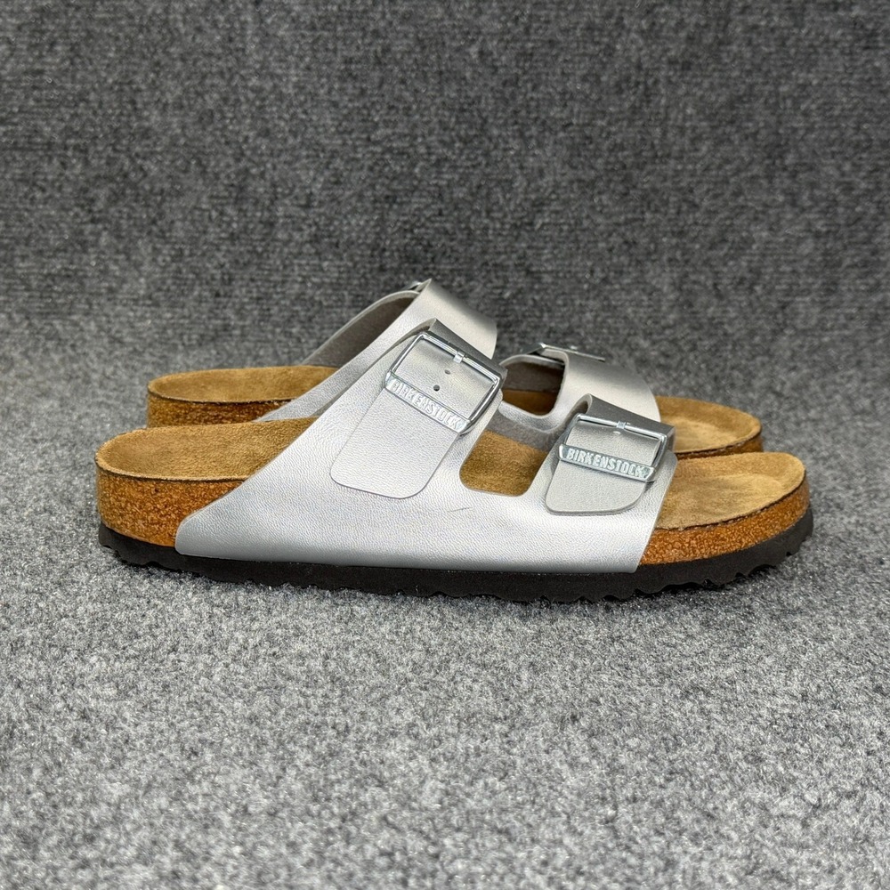 Birkenstock‎ Arizona Soft Footbed Sandals Women's 9 Silver Birko-Flor Slide